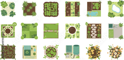 Green Garden Design Icon Set Featuring Plants, Trees, Flower Beds, Water Features, and Sustainable Gardening Elements for Landscape Architecture