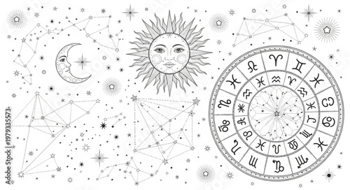 Celestial Sun Moon Zodiac Constellations Astrology Symbols.