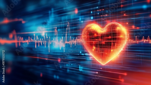 A vibrant digital heart beats with energy in a futuristic technological landscape with glowing lines and pulses