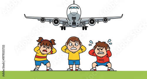 Children cover ears from loud airplane noise overhead.