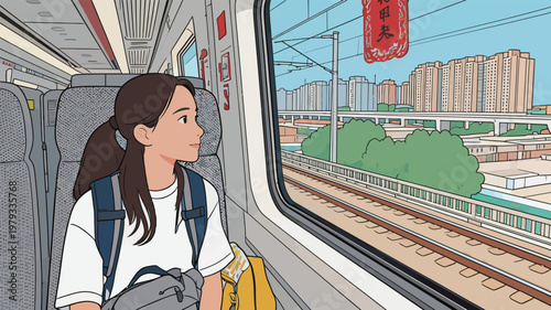 Woman Traveling on High-Speed Train