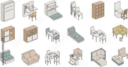 Minimalist Isometric Furniture Icon Set Featuring Bedroom, Living Room, and Dining Room Furniture Including Beds, Chairs, Tables, and Storage Units