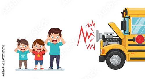 Children cover ears from loud school bus engine noise.