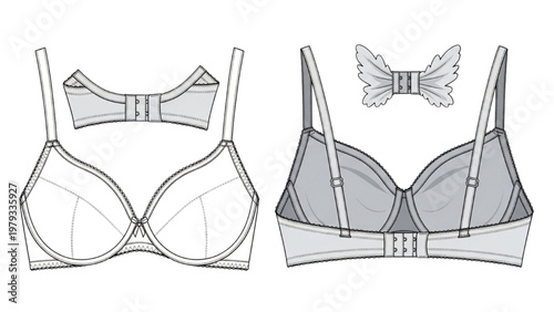 Detailed vector CAD design of lingerie set with bow and bra