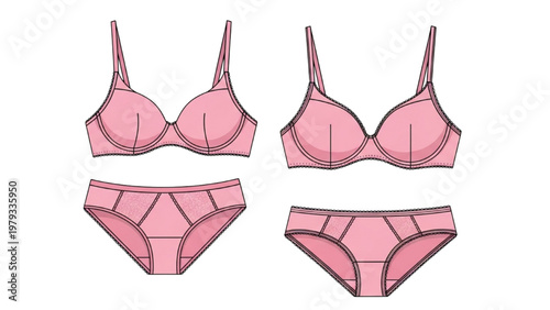 Vector CAD designs showcase pink lingerie sets on a white background