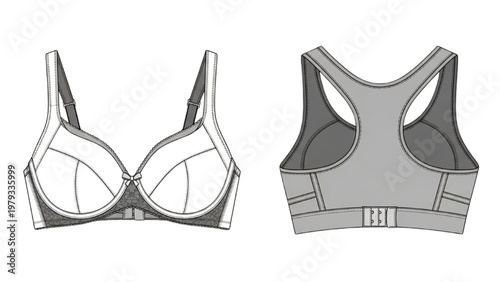 Vector CAD design of women's bra showcasing front and back views