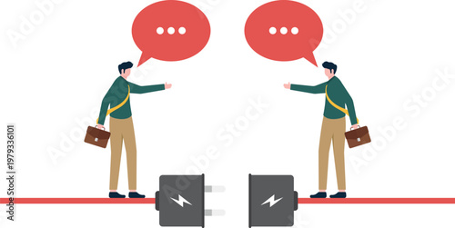 Two professionals connecting via chat bubbles on electric plugs