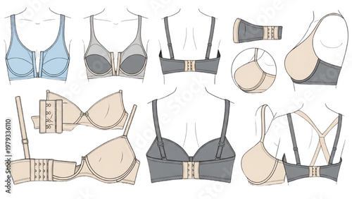 Vector CAD designs showcase various bra styles and structures