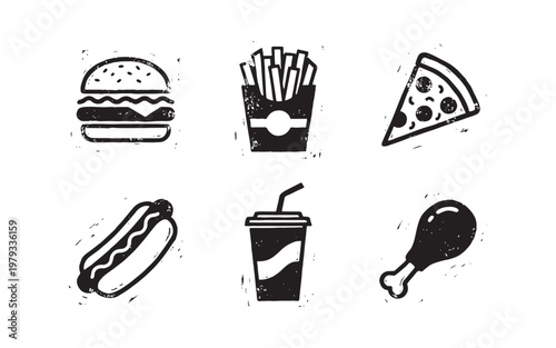 Fast Food Badge Set with Burger Fries Soda and Pizza Slice Symbols