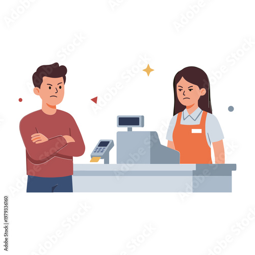 Man and woman standing behind and in front counter with unhappy expressions