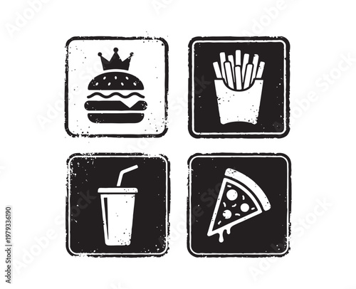 Fast Food Badge Set with Burger Fries Soda and Pizza Slice Symbols