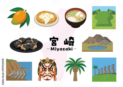 宮崎県の名物と観光アイコンセット（きんかん・チキン南蛮・冷や汁・地鶏炭火焼・高千穂峡・鬼の洗濯板・青島・モアイ像）