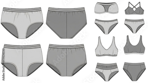 Vector CAD designs of various women's underwear sets and shorts on display