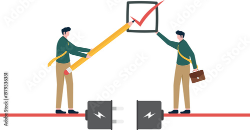 Robot and professional marking a checklist on electric plugs