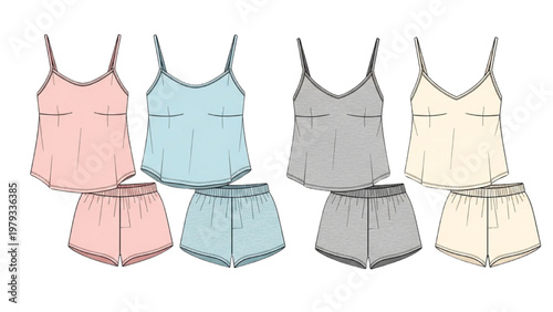 Vector CAD illustration of colorful pajama sets on display