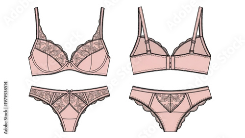 Vector CAD designs showcase lingerie set with bra and panties