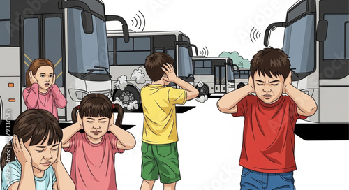 Children Covering Ears From Loud Bus Noise Pollution.