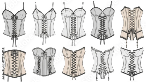 Vector CAD designs of various corset styles and illustrations