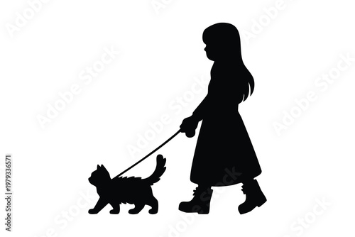 Minimalist Silhouette of a Little Girl Walking a Cat on a Leash