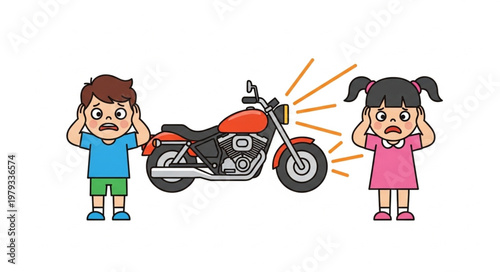 Children Covering Ears From Loud Motorcycle Noise.