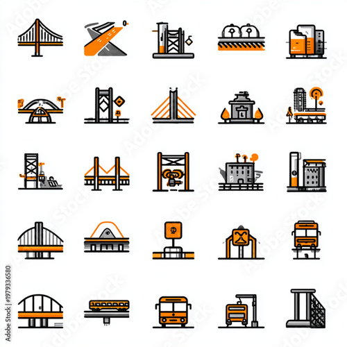 Bridge icons collection presents various architectural structures and transport modes for urban.