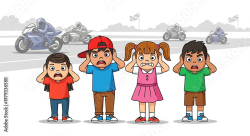 Children Covering Ears From Loud Motorcycle Noise.