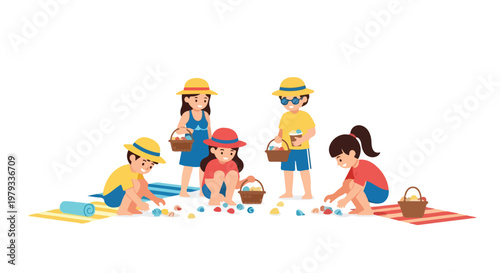 Five cheerful children are enjoying a sunny day at the beach, collecting colorful seashells into small baskets while wearing hats and summer outfits.