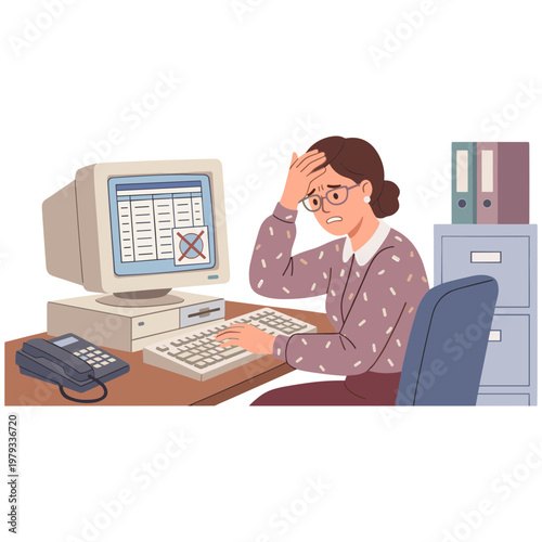 Woman stressed at office desk with computer error message on screen