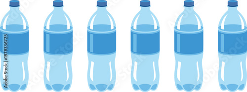 Six clear plastic water bottles with blue labels and caps on a white background Keywords: water bottle, bottles, plastic, clear, transparent
