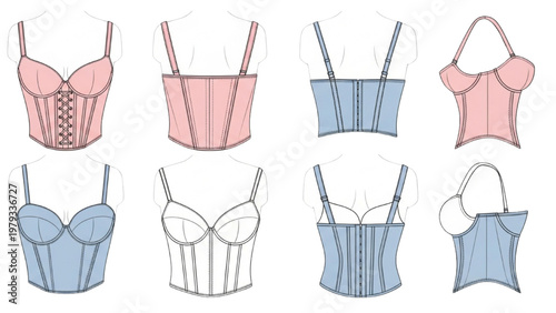 Vector CAD designs showcase various lingerie styles and colors