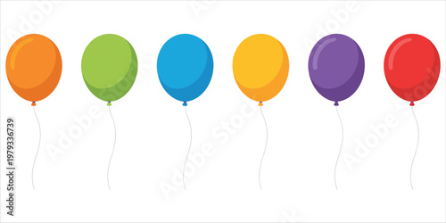 Six colorful balloons in a row with white strings on a white background Keywords: balloon, balloons, colorful, color, red, orange, yellow