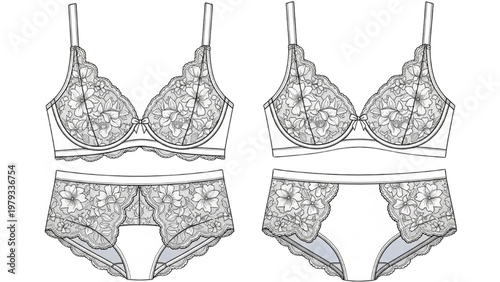 Detailed vector CAD illustration of lingerie set with floral patterns