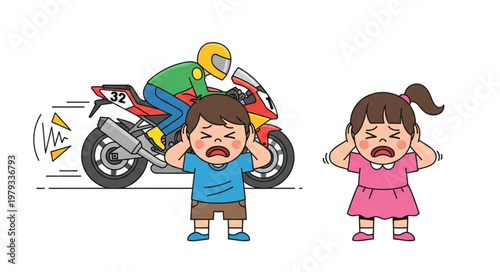 Children Covering Ears From Loud Motorcycle Noise.