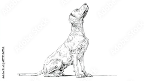 Detailed monochrome illustration depicting a seated dog looking upwards with curiosity.