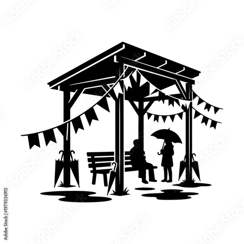 Sunrise horizon with hanging festival banner silhouette