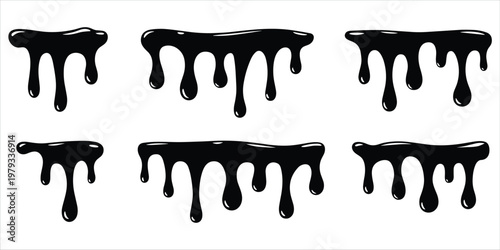 Six Black Dripping Paint Splatters on White Background liquid