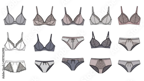 Vector CAD designs of various lingerie sets and underwear on display