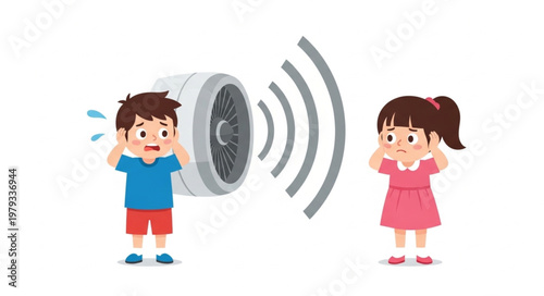Children covering ears from loud noise sound wave illustration.