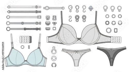 Detailed vector CAD illustration of lingerie parts and tools for manufacturing