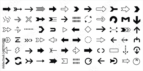 Collection of diverse black arrow icons and symbols on a white background direction navigation