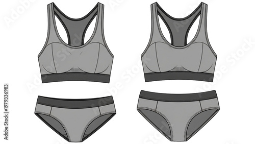 Vector CAD illustration of women's gray sports bra and panties set