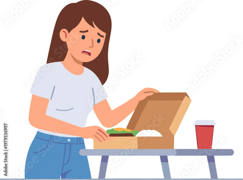 Woman eating food from box at table outdoors alone sadly