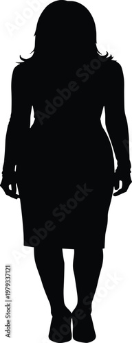 Full body silhouette of a professional woman in a pencil dress and heels, isolated on white background for fashion design.