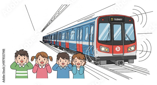 Children covering ears from loud train noise illustration.