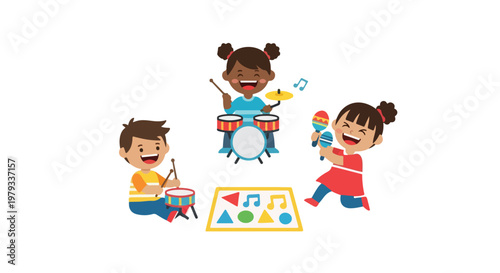 Three happy diverse children enjoy playing musical instruments including drums and maracas together on a play mat in a cheerful vector illustration.
