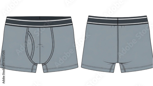 Vector CAD design of gray athletic shorts with black waistband