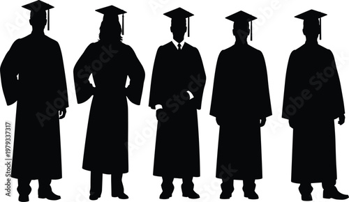 Full length black silhouettes of five graduates wearing caps and gowns standing in a row on white background for education concepts