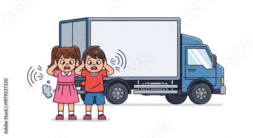 Children Covering Ears From Loud Truck Noise.