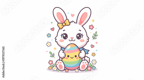 Adorable cartoon Easter bunny holding a colorful, smiling egg, surrounded by small flowers and leaves, perfect for spring celebrations.