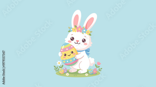 A cute cartoon Easter bunny wearing a flower crown and blue bow, holding a colorful decorated egg, surrounded by small flowers and grass on a light blue background.